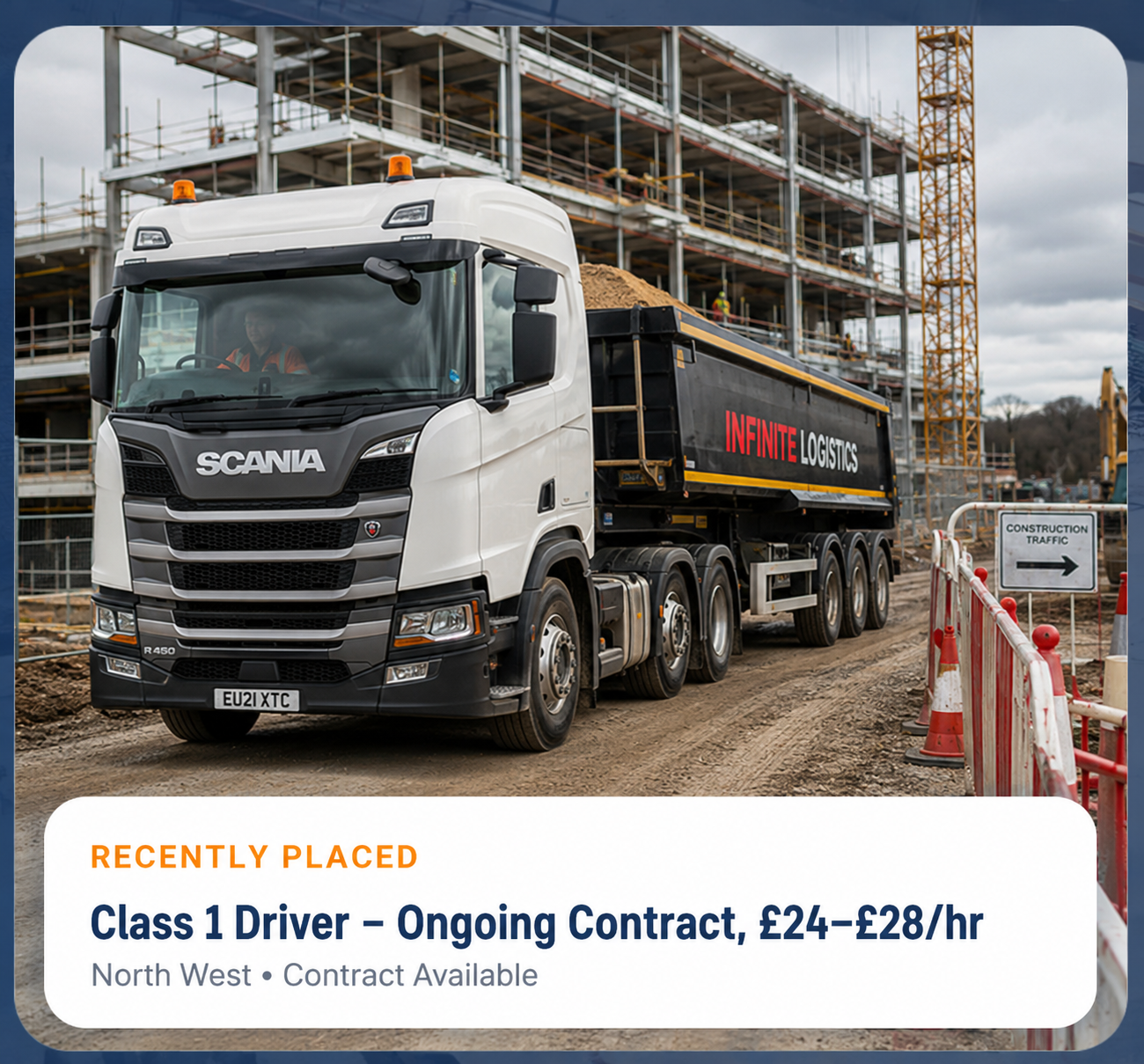 Modern articulated lorry hauling construction equipment